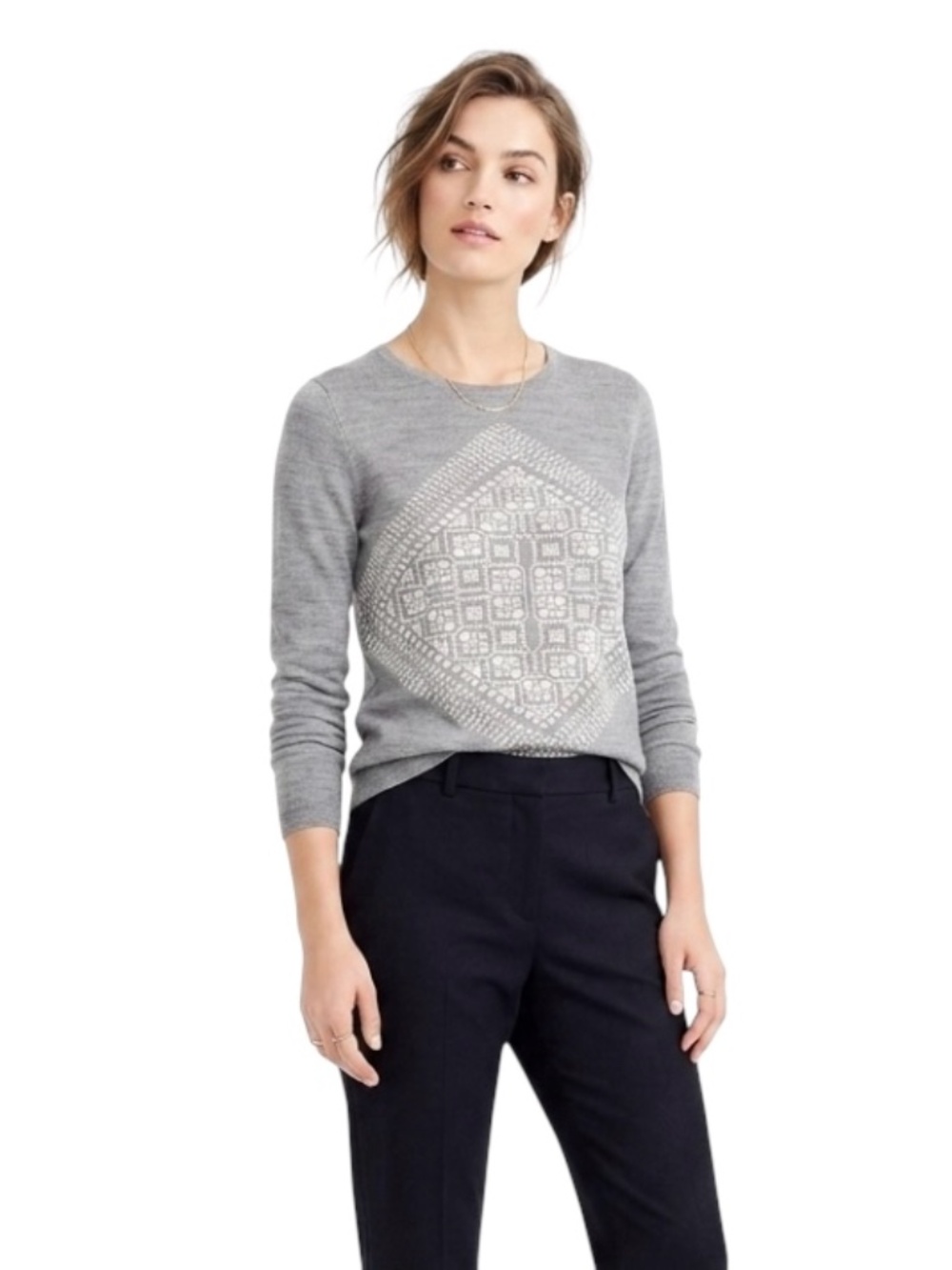 J.Crew 100% Merino Wool Medallion Intarsia Pullover L Gray Nordic Quiet Luxury